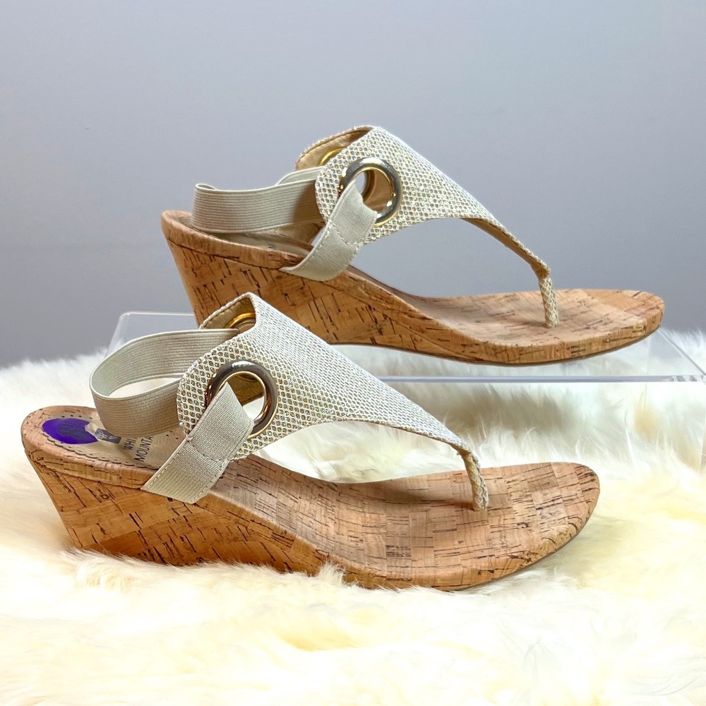 Woman's Metallic Gold White Mountain Vegan and Cork Wedge Sandals Size 8 1/2
